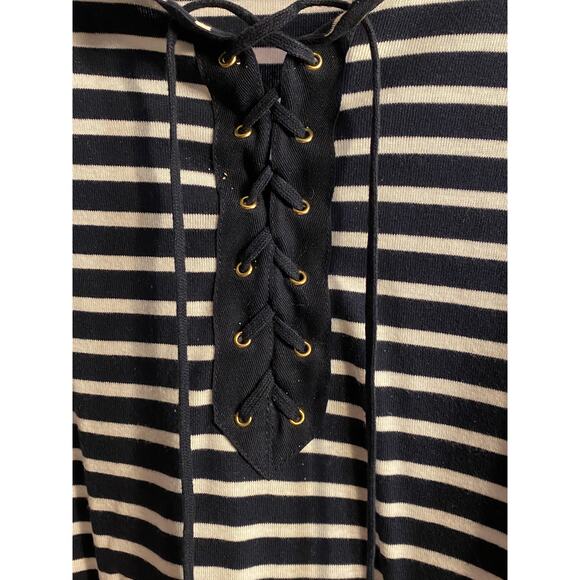 Women's Chaps3X Black / White Striped T-Shirt, Short Sleeves, lace up front neck - Picture 3 of 12